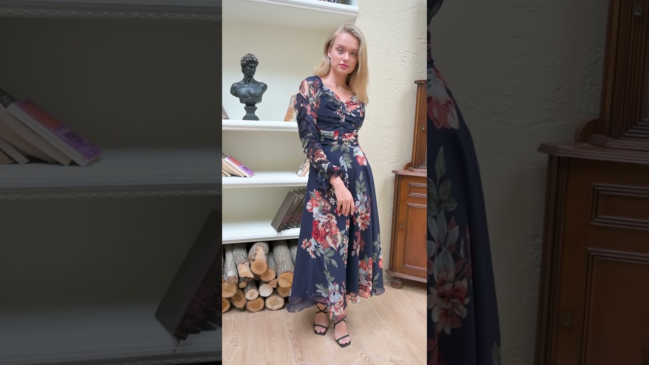 Blue Chiffon Printed Long Maxi Dress