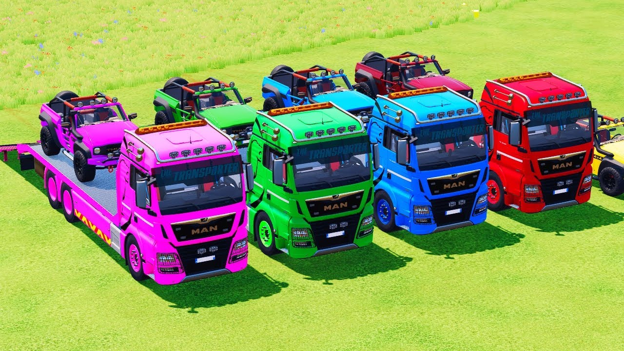 Trucks With COLORS - Transporting POLICE CARS and MIXER TRUCK  with Flatbed Trailer Truck - FS22 #29