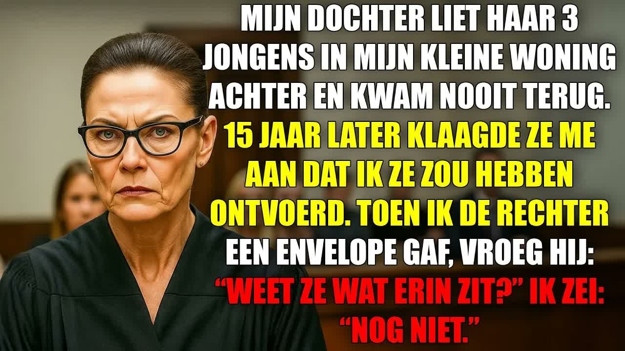 De envelop trilde in mijn handen terwijl mijn eigen dochter mij in de rechtszaal beschuldigde van ontvoering. Vijftien jaar geleden liet ze haar drie peuters achter. Nu stond ze voor de rechter en...