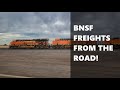 Big bnsf freight trains from the road