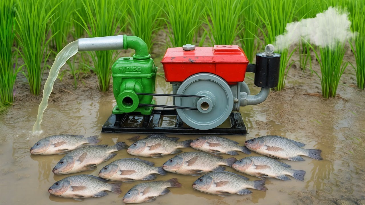 catch fish using mini diesel engine water pump for fish | fishing exciting | diy tractor