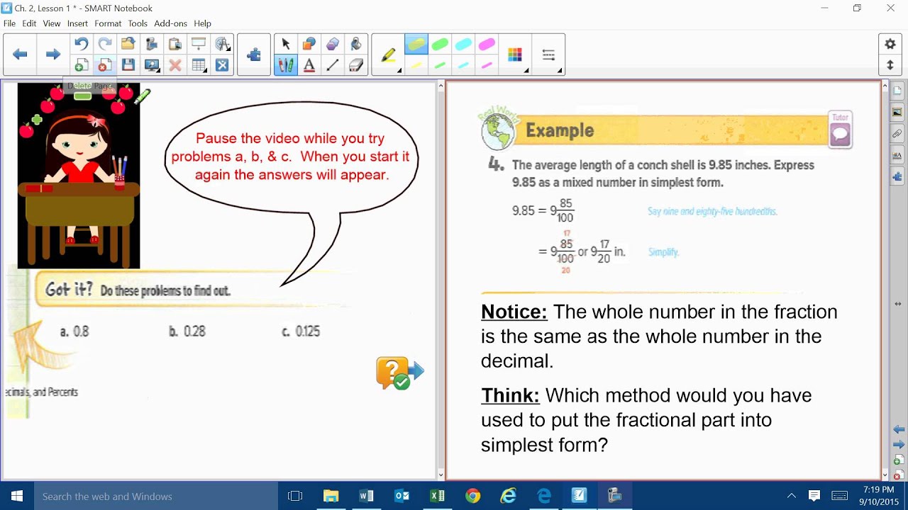 chapter 2 lesson 1 fractions decimals youtube 9 15 in simplest form