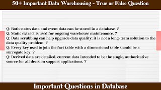 MCQ Questions Data Warehousing - True or False with Answers
