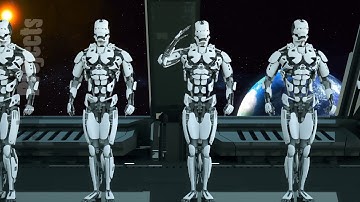 Robots soldiers on a spaceship salute against the background of Earth. A futuristic concept of a UFO