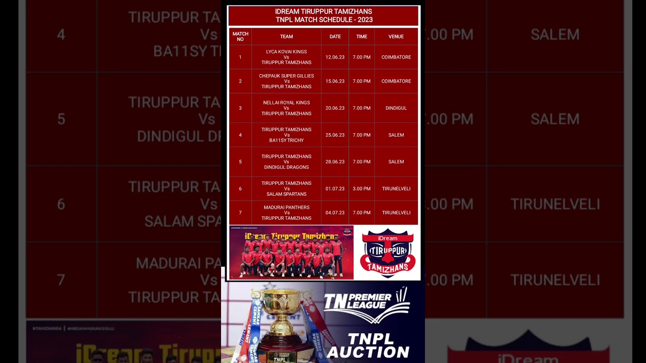 IDREAM TIRUPPUR TAMIZHANS TEAM SCHEDULE / TNPL MATCH SCHEDULE 2023