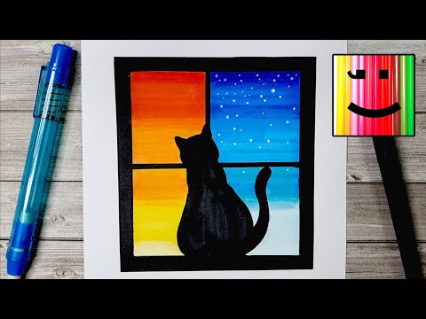 Видео: Comment dessiner un chat qui regarde par la fenêtre - Dessiner le jour et la nuit #tutoriel #dessin