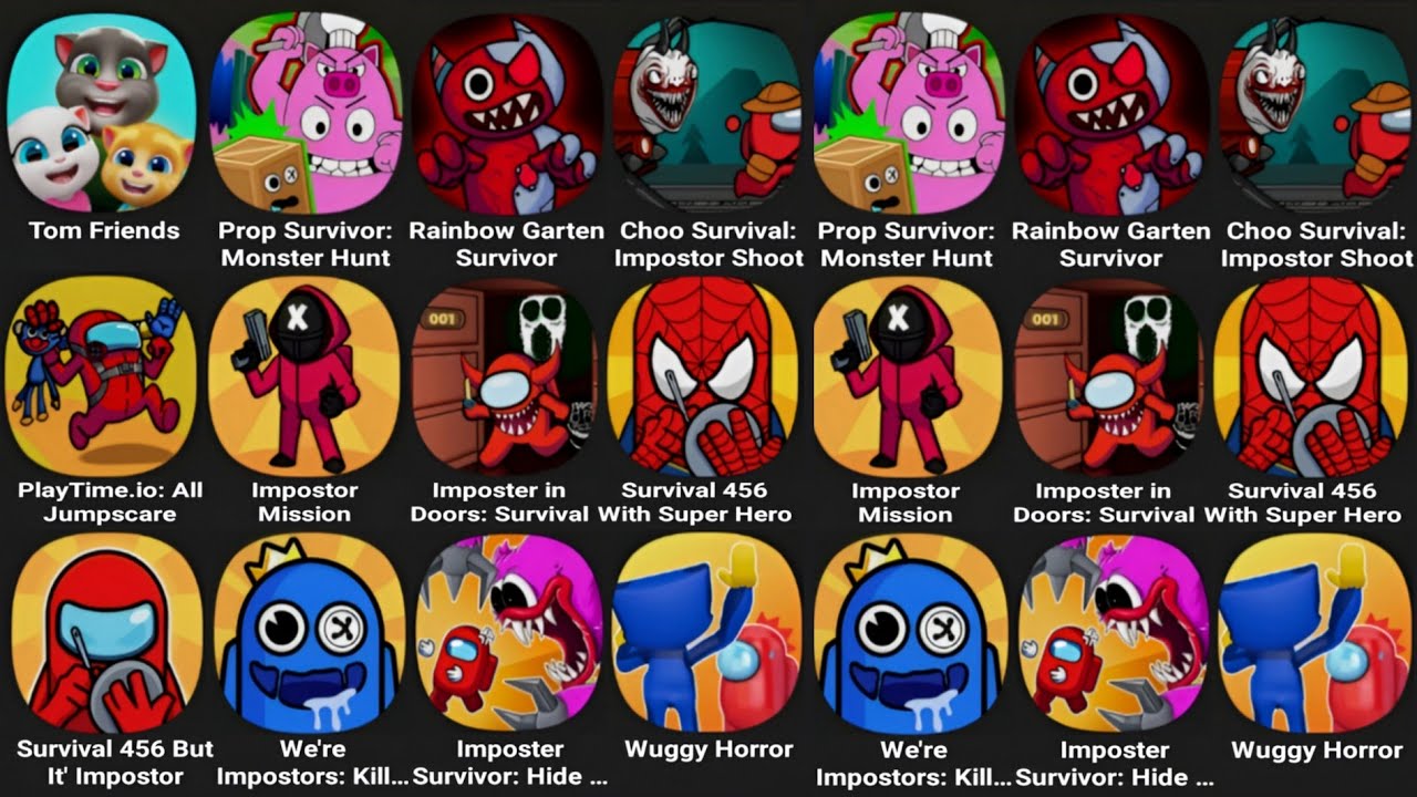 Tom Friends Prop Survivor, Rainbow Garten Survivor, Choo Survival, Playtime.io, Impostor Mission…