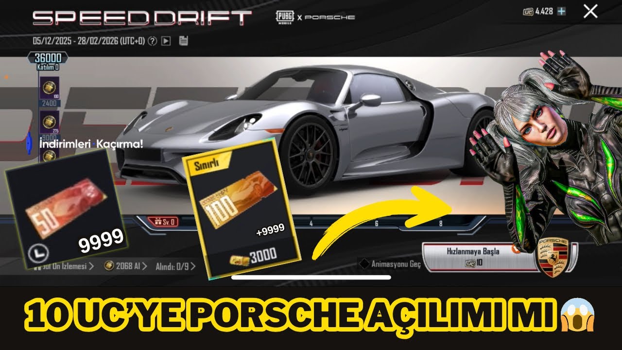 10 UC PORSCHE AÇILIMI 😱 PORSCHE SPEED DRİFT AÇILIMI |  YENİ ARAÇ ÇARKI İNDİRİM KUPONLARI PUBG Mobile