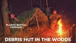 Solo Overnight Building a Debris Hut In the Woods Using a Plastic Bottle with  BACON and Steak