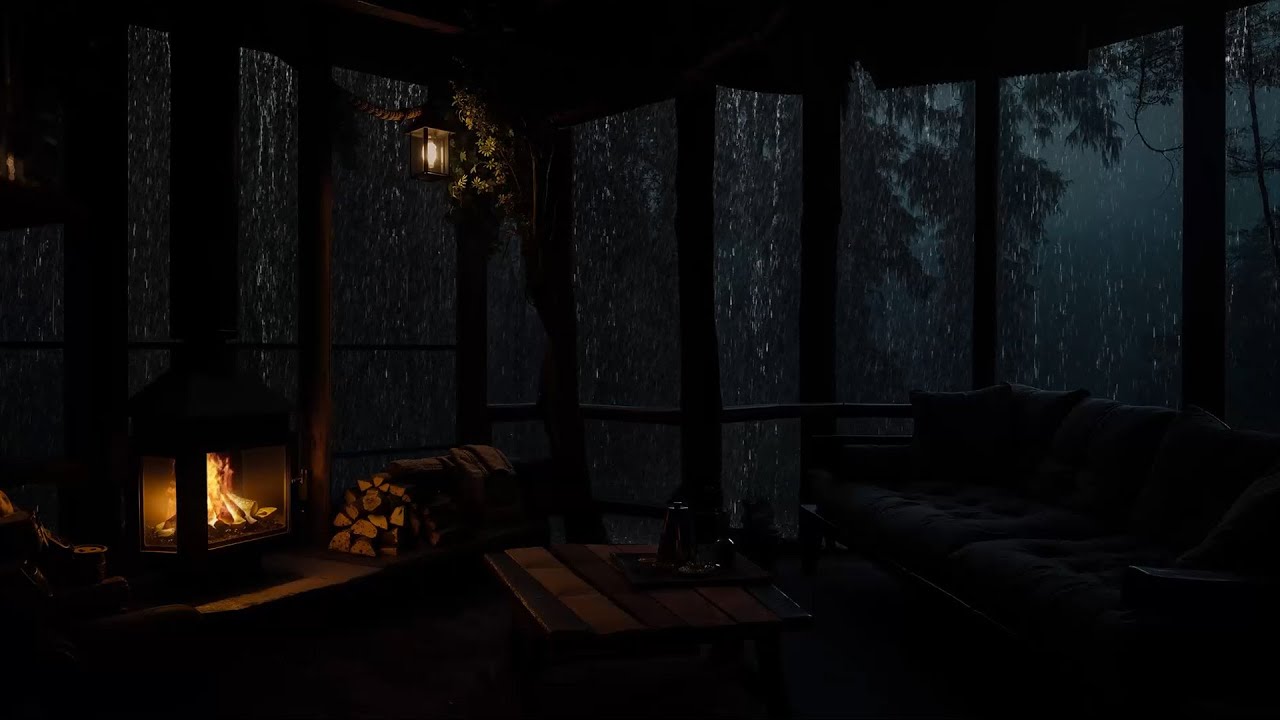 Cozy Cabin with Fireplace and Heavy Rain | Relaxing Sleep Ambience ...