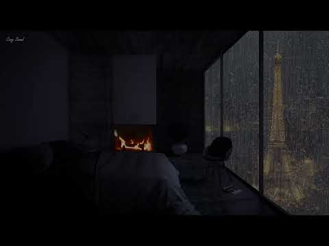 Cozy Rainy Night Paris with Rain Sounds, Thunderstorm, Fireplace in Bedroom for Sleeping