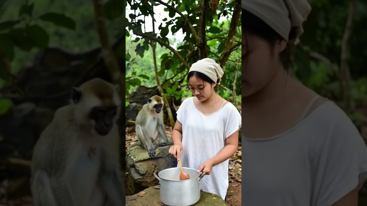 Cooking with monkey on Mountain