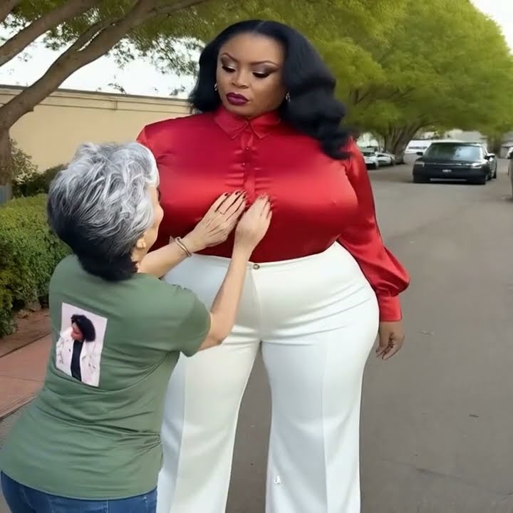 Busty amazon in red satin blouse subtly groped by small lesbian - YouTube