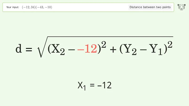 Find the distance between two points p1 (-12,34) and p2 (-43,-10): Step-by-Step Video Solution