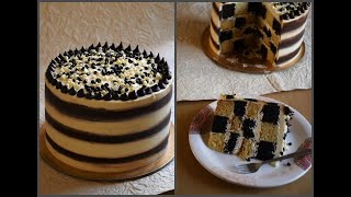 Eggless Checker Board Cake with Buttercream Stripes Frosting