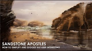 Loose Watercolor Painting Seascape with Rocks and Reflection | Sandstone Apostles