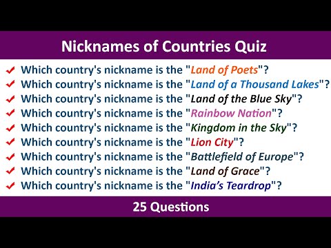 Nicknames of Countries Quiz | 25 General Knowledge Questions | MCQ | Countries & their Sobriquets