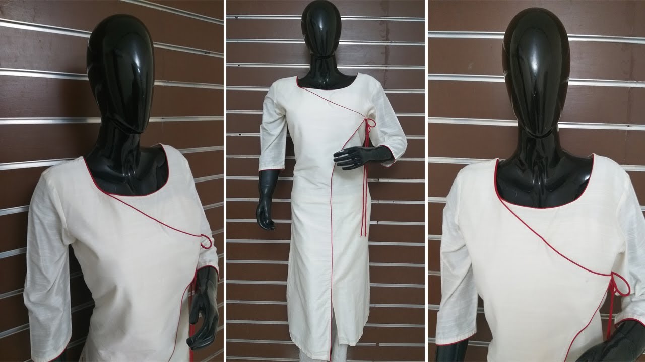 💥 Red Pattern Piping Design on White Cotton Slub Fabric - Designer Pattern Kurti 7