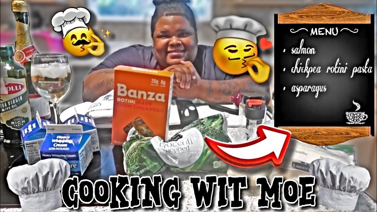 COOKING SALMON CHICKPEA ROTINI PASTA AND ASPARAGUS | COOKING WITH MOE 👩🏾‍🍳