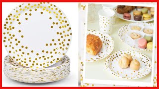 Party Paper Plates, 50-Pack Disposable White and Gold Plates, Foil Polka Dots, 9-Inch