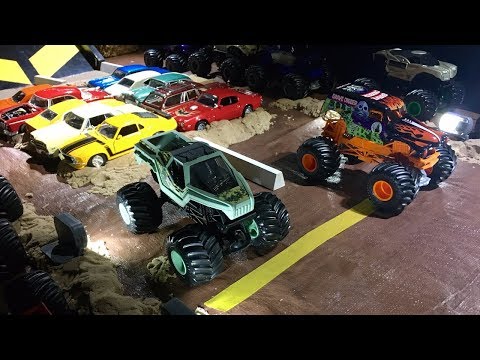 Sixteen Hot Wheels Monster Jam 1/24 scale Race across the Kitchen Table!!!