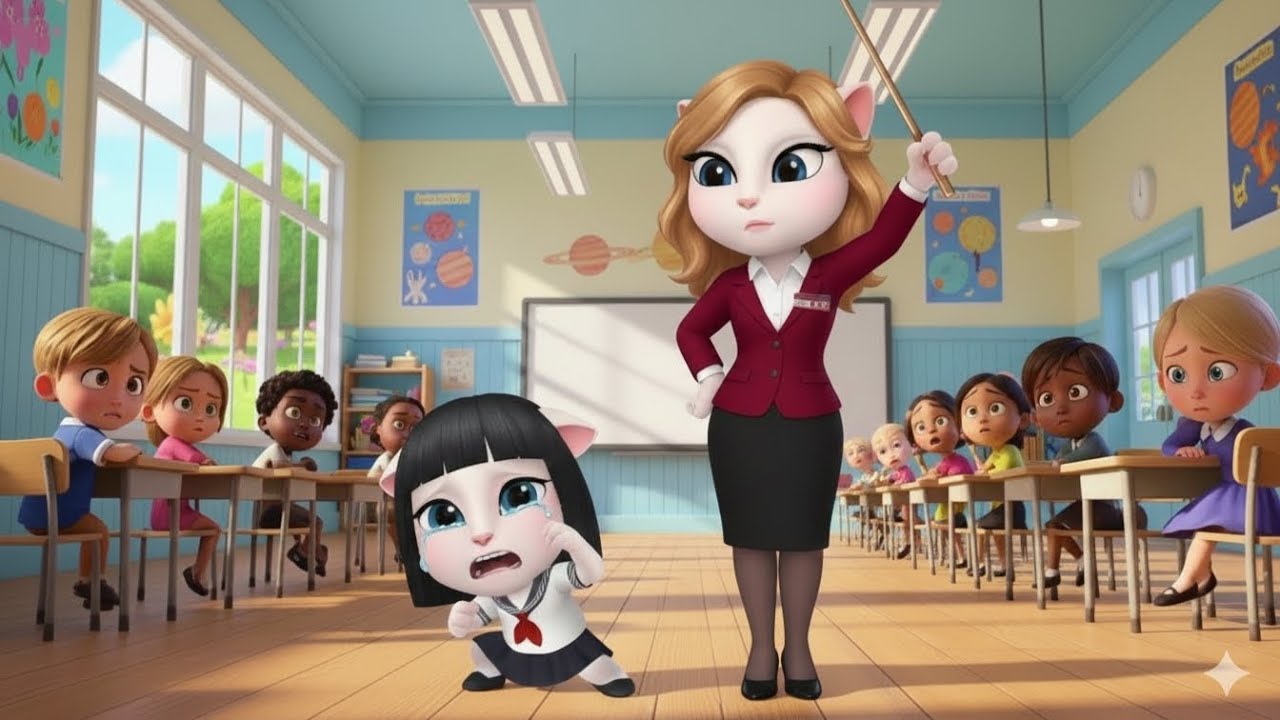 The little girl is crying because the teacher is holding a stick; will she hit her? My angela'm 2 &1