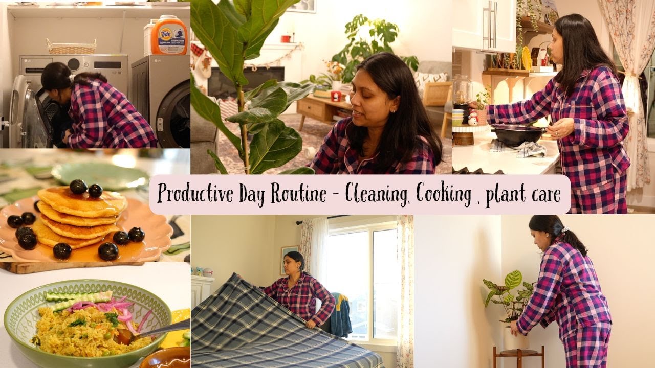 Productive Holiday Routine - Cooking, Cleaning, Plant Care - Cozy warm Vlog (Veg Pulao  / Pancake)