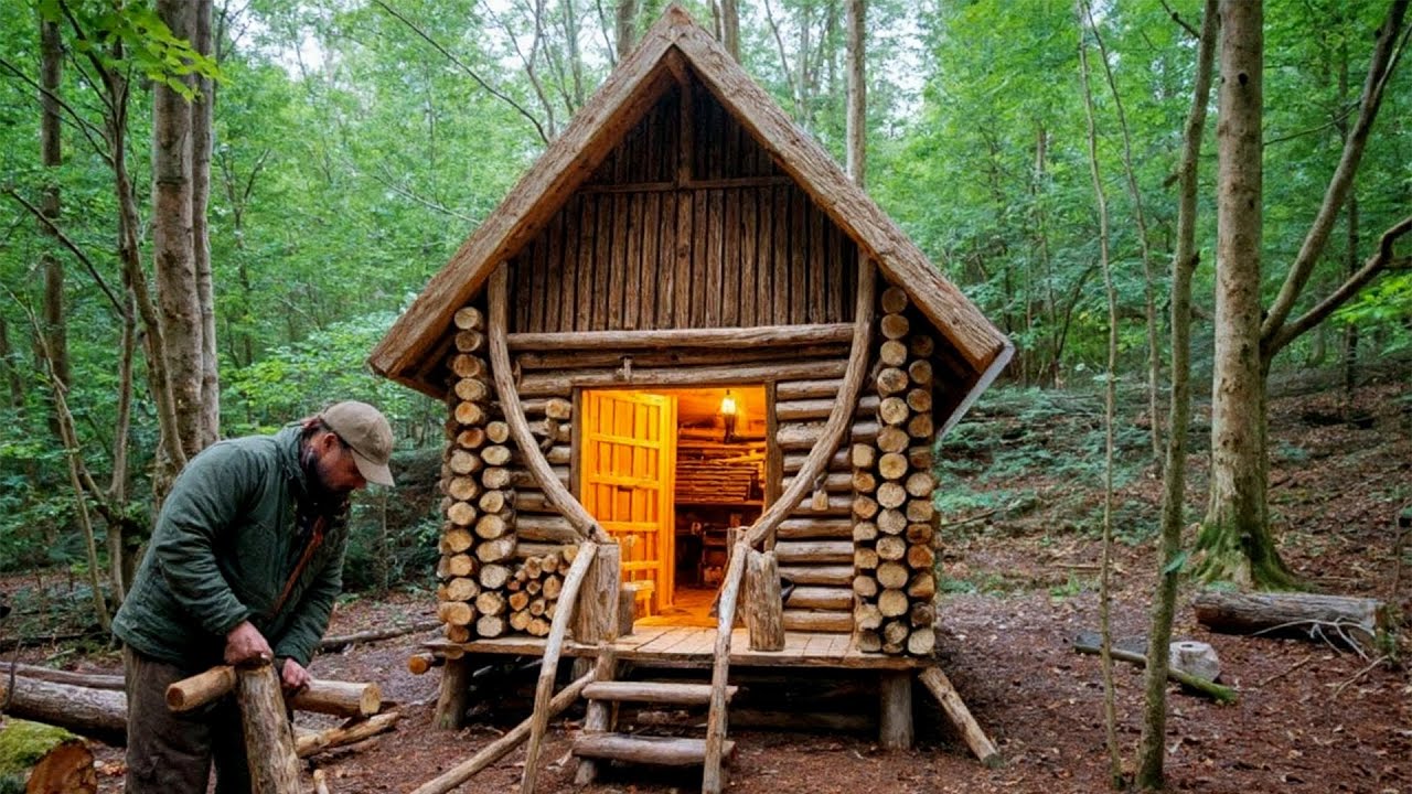 Builds Himself a House from LOGS and STONE in the Forest