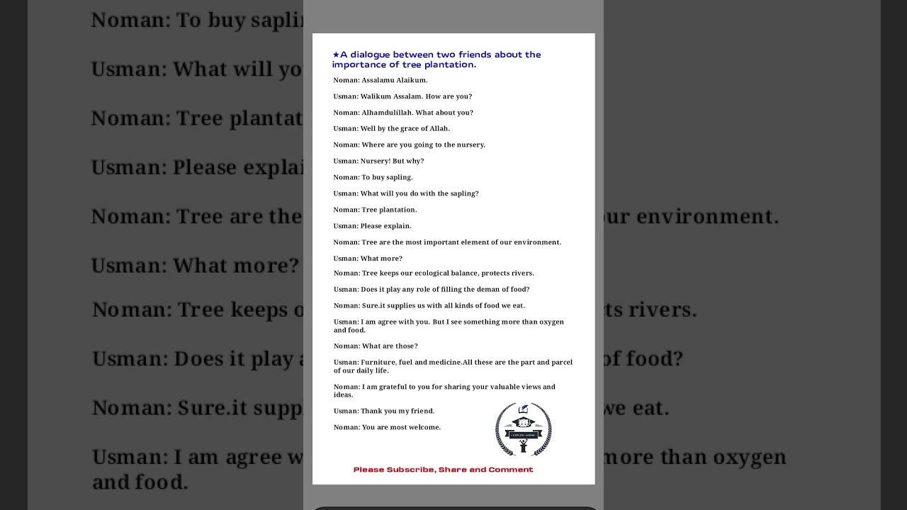 A dialogue between two friends about the importance of tree plantation.