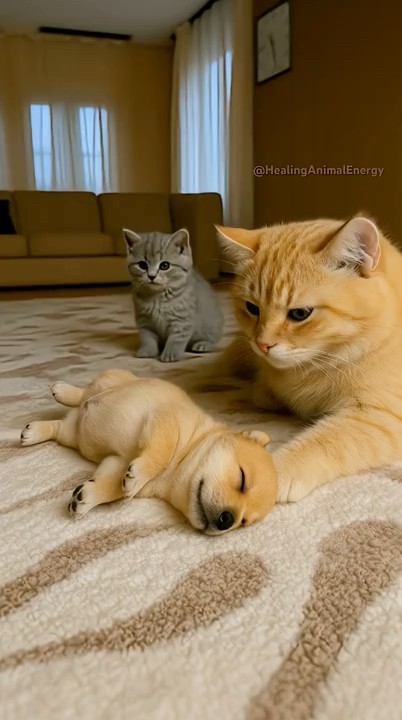 Mother Cat Caring for Shiba Puppy While Kitten Gets Jealous