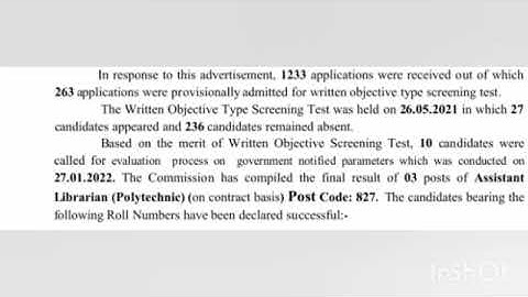 Assistant Librarian | post code 827 | Final result declared by HPSSSC Hamirpur.