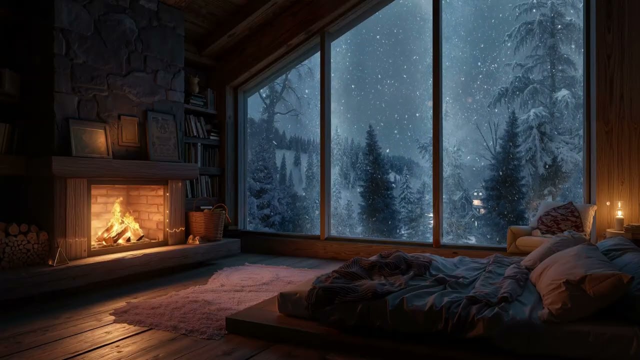 Snowy Window Fireplace | Soft Winter Sounds for Sleeping