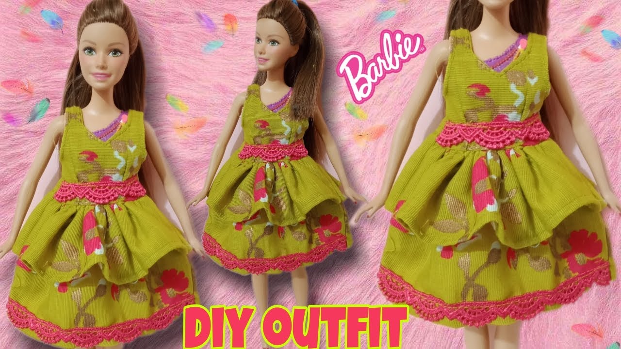 How to make mini ruffle frock for Barbie doll doll dress making easy