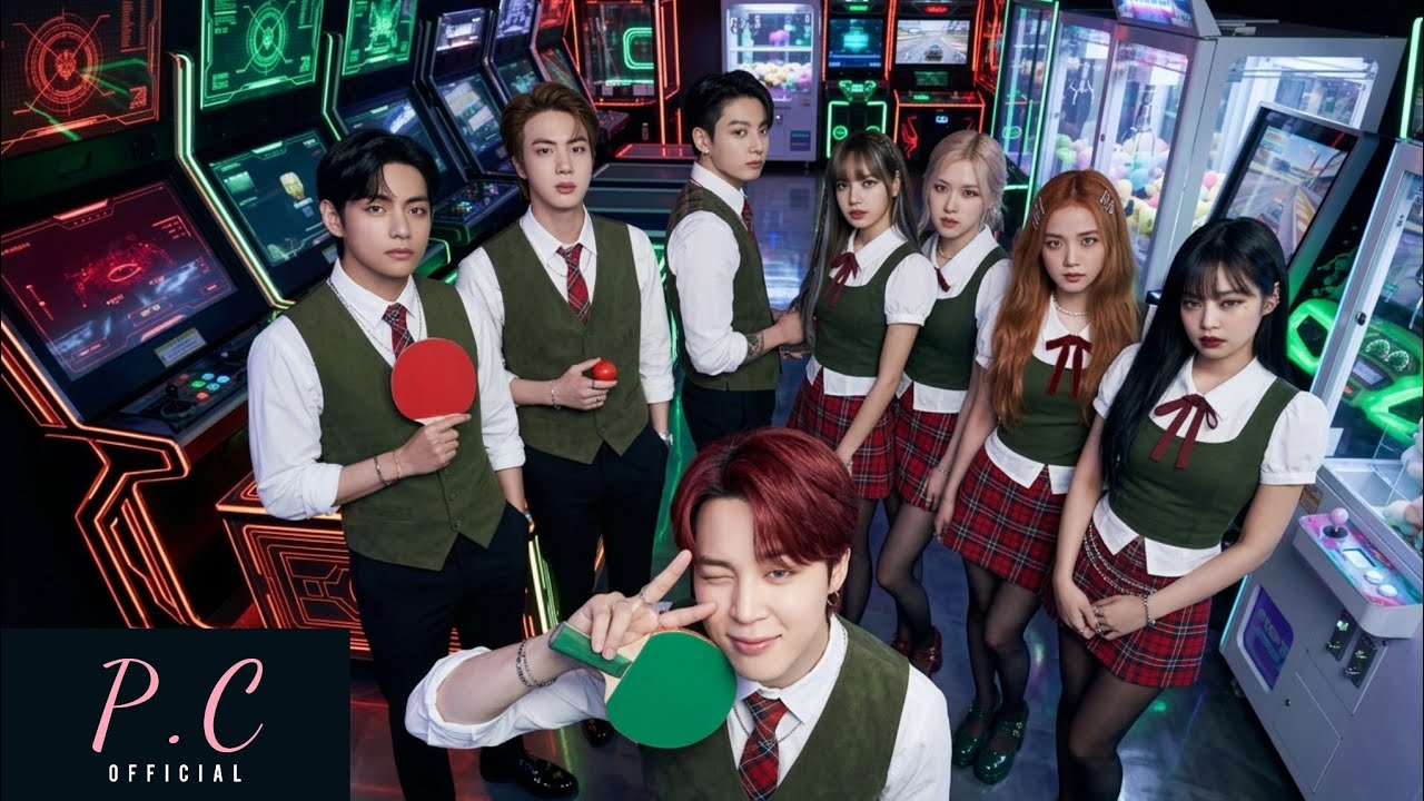 AI-generated image showing a stylized 'Lie Detector' MV teaser featuring BTS and BLACKPINK members