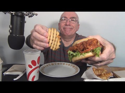 ASMR Eating Chick-fil -A Spicy Deluxe Sandwich with Waffle Fries