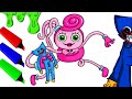 Mommy Long Legs [Poppy Playtime] with a toy Huggy Wuggy, children's coloring book, animation, Draw!