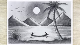 Sunset Scenery Drawing with pencil sketch, Easy Pencil Drawing for Beginners