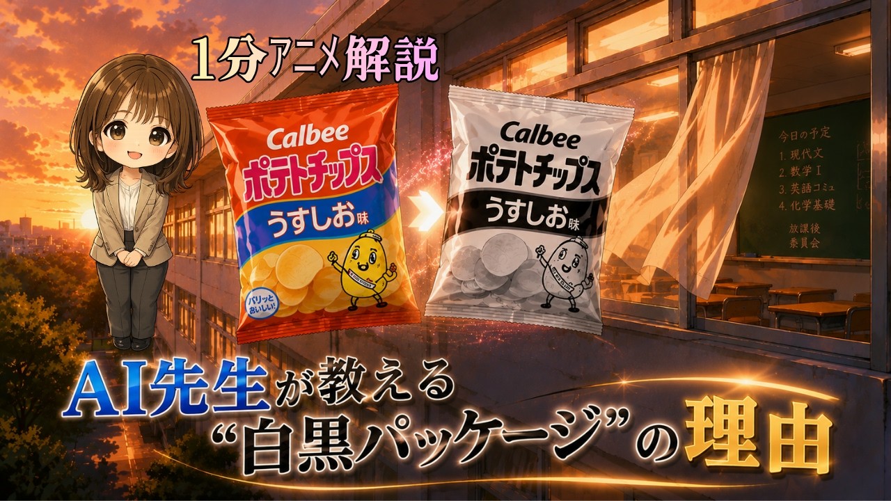 1分アニメ解説【AI先生が教える“ポテトチップス白黒パッケージ”の理由】