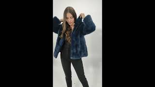 Mink fur jacket with hood in blue color