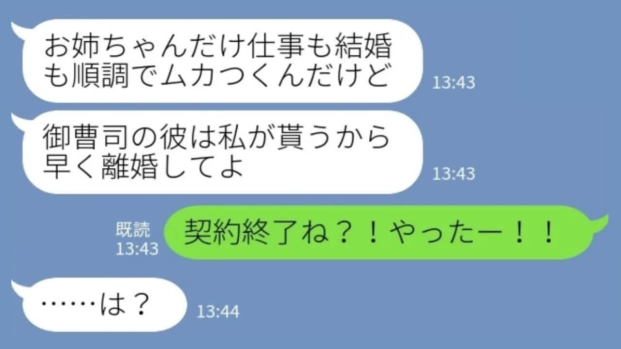 【LINE】夫を奪った妹「お姉ちゃんとは離婚するってw」私「契約終了？！やったー！」→御曹司夫の真実を知った妹がwww