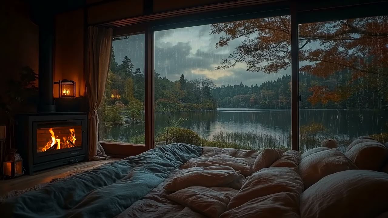 Cozy Rain Sounds & Fireplace for Deep Sleep | Lakeside Garden Bedroom