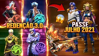 VAZOU! NOVO PASSE DE ELITE DE JULHO 2021, EVENTO REDENÇÃO 3.0, EMOTE, NOVAS SKINS E MAIS - FREE FIRE