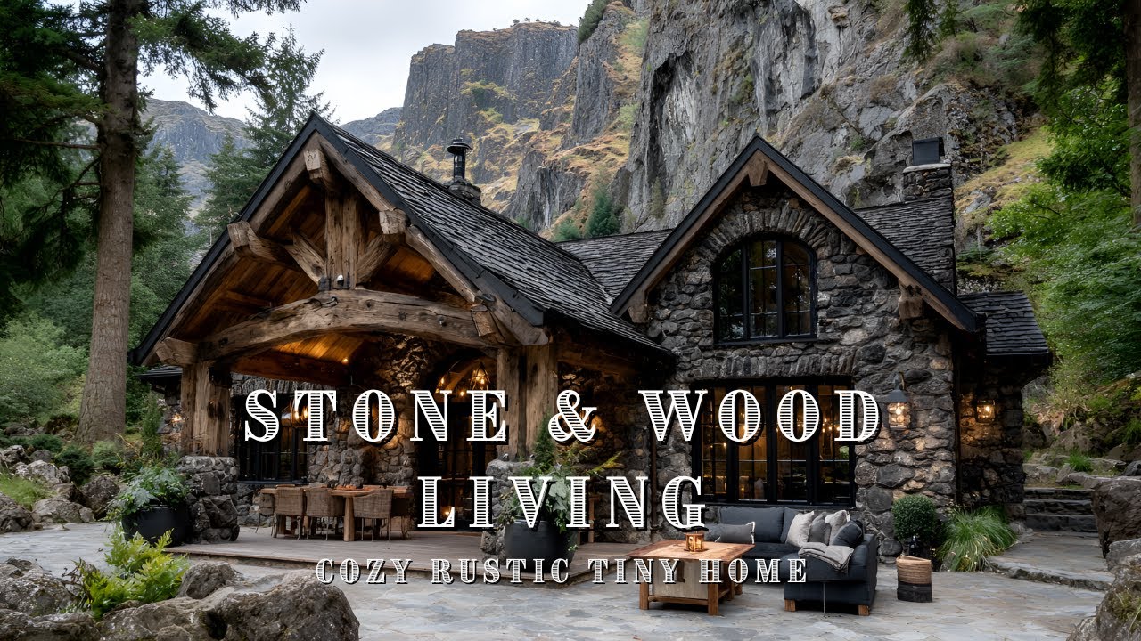 Stone and Wood House Aesthetic: Cozy Rustic Tiny Home with Driftwood Interior Design