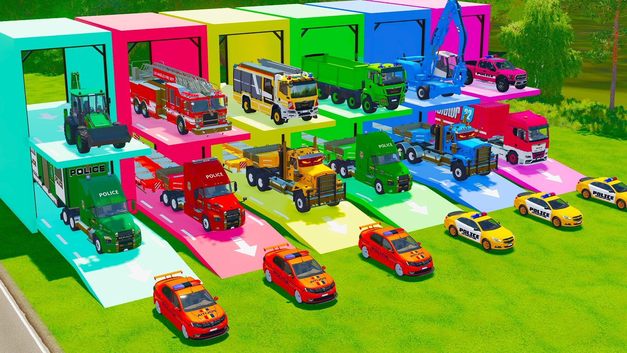 TRANSPORTING EMERGENCY VEHICLES, FIRE ENGINE, POLICE CARS, EXCAVATOR, TIPPER TRUCK TO GARAGE - FS22