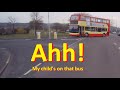 Wrong side of a traffic island in a double decker school bus and my child is on it