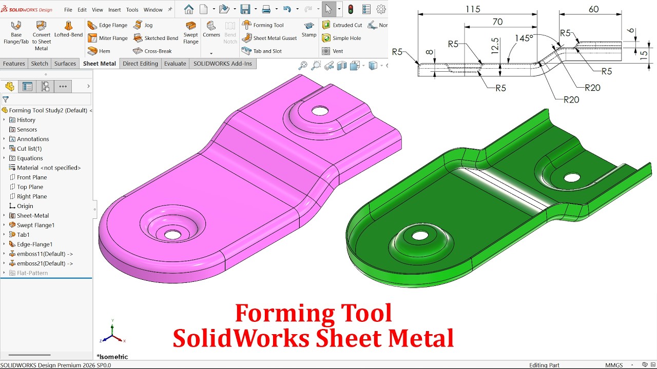 SolidWorks Sheet Metal Forming Tool Study - YouTube
