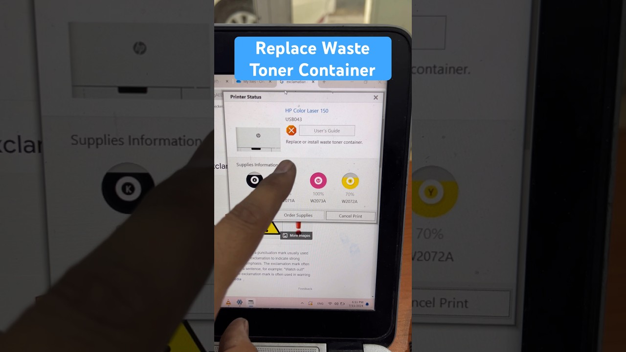 HP Color Laser 150nw Printer Flashing Exclamation Mark | Replace or Install Waste Toner Container