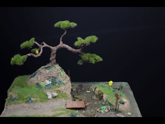 peaceful drive in / lake diorama / bonsai tree