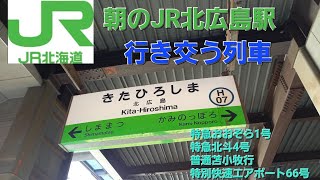 土曜朝のJR北広島駅を行き来する列車群