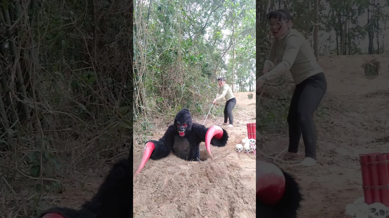 Girl makes a Two-horned gorilla Monster Trap